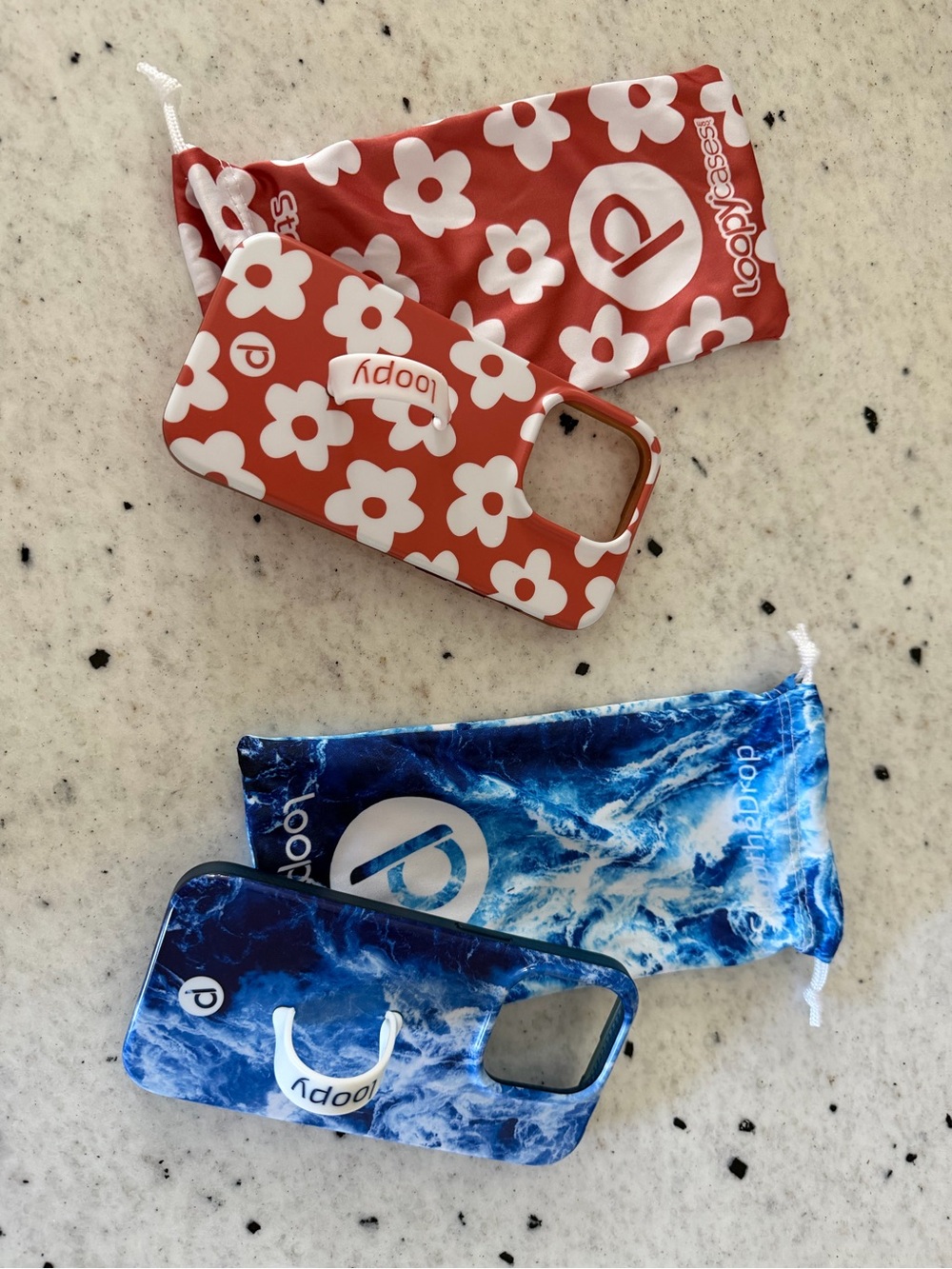Loopy Case Duo — Red Floral & Blue Marble Phone Grip Cases